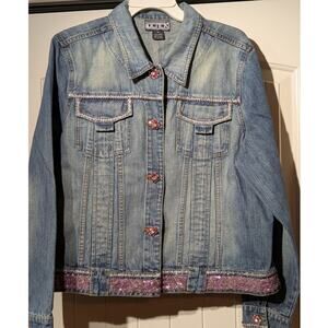 Berek by Takako Sakon Embellished Pink Sequin Bead Rhinestone Denim Jacket Sz XL